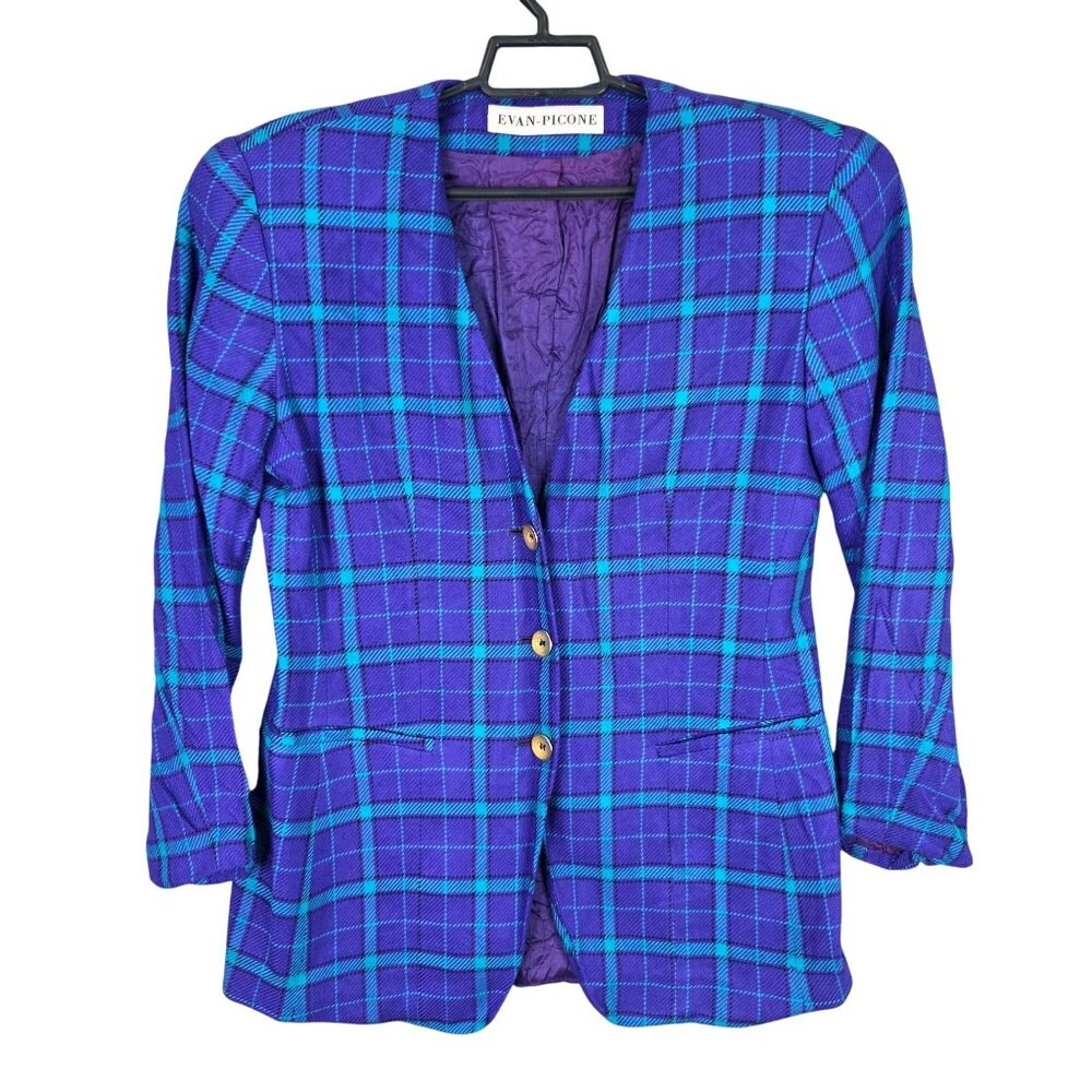 Womens Evan Picone Vintage Purple & Teal Plaid Blazer Jacket Size 8